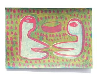 original drawing, DIN A5 (8.3/5.8"), "picnic", naive happy figure painting on paper