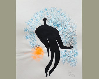 Originalillustration, 21/28 cm, "magic life", minimalistische figurative Malerei auf Skizzenpapier