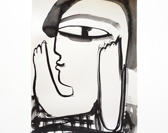Tusche-Unikat, DIN A4 ,"Fingerspitze", Frauenfigur, minimalistisch abstrakt figurative Malerei auf Papier