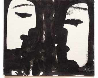 Tusche Original, 25/ 21 cm, "face to face", abstrakte Gesichter, Figurenpaar, minimalistische Wandkunst