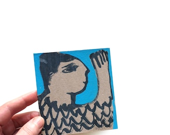 kleine Tuschemalerei, 9,5/10,5 cm, expressive abstrakte diverse Figur/ Porträt