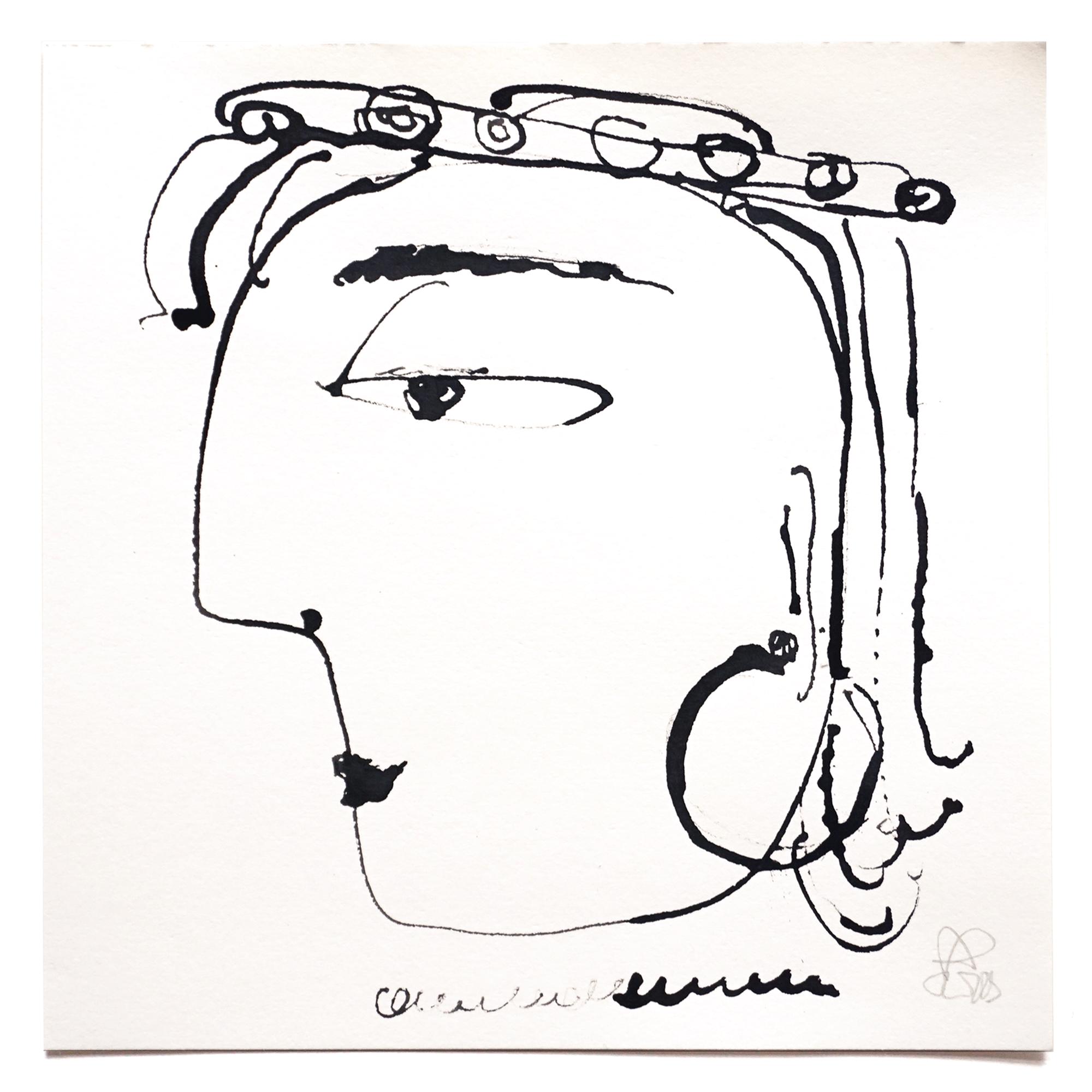 original ink drawing 20/20 cm (7.9/7.9"), "woman with hat", expressive minimalistic woman portrait in black and white