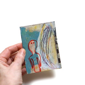 MiniTrash Unikat, ca.DIN A7, "Geisterkunde", abstrakt figurative Originalkunst im Kleinformat, cartoon art