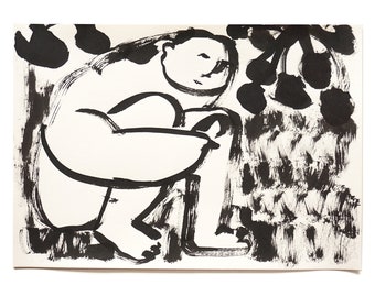 Tusche-Unikat, DIN A4 , "der Natur lauschen", hockende, sitzende Figur, abstrakt figurative Pinselzeichnung