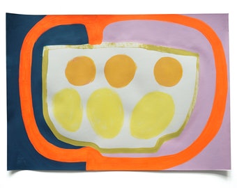 Image originale, DIN A3, « Fruit Bowl », peinture minimaliste frappante sur papier, nature morte abstraite