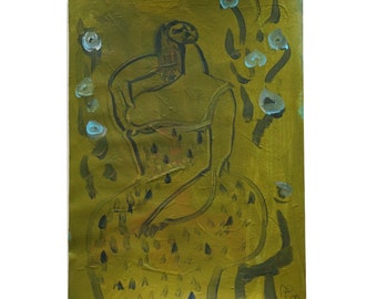 Originalbild, DIN A5, "Frau in oliv", minimalistische figurative Malerei auf Papier