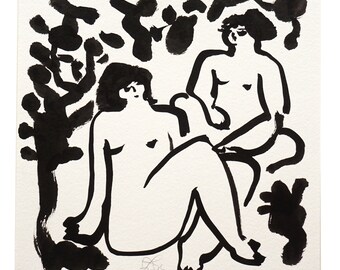 Encre originale, 23/ 23 cm, "2 femmes assises sous l'arbre", paire de figures féminines abstraites dans la nature, art mural minimaliste