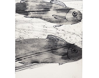 Encre originale, DIN A4, « Fish in the Stream », dessin abstrait de poisson, art mural minimaliste