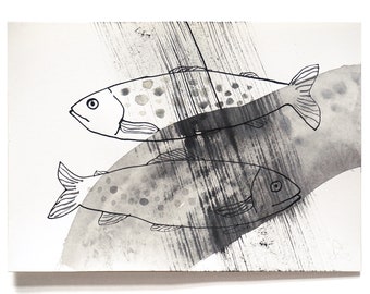 Encre unique, DIN A4, « Trout meets Trout », dessin de poisson abstrait, paire de poissons minimaliste