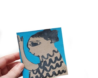little ink drawing, 9.5/10.5 cm (3.7/4.1"), expressive abstract female figure/ portrait
