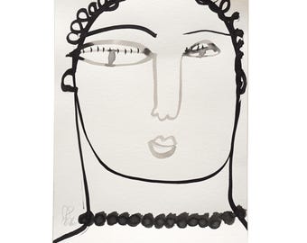 Tusche-Unikat, DIN A4 , "Frau mit Perlenkette", minimalistische Frauenfigur, abstrakt figurative Malerei auf Papier