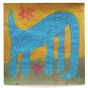 Original Bild, 20/20 cm, "look my toes", fröhlicher Dino, naive Malerei auf Papier, dekorative Wandkunst