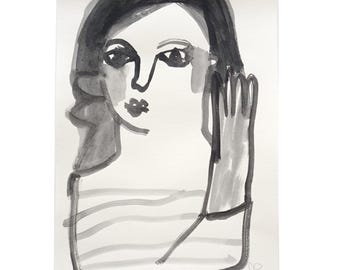 Tusche-Unikat, DIN A4 ,"das Mädchen mit dem Handschuh", Frauenfigur, minimalistisch abstrakt figurative Malerei auf Papier