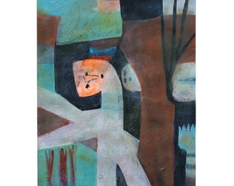 Original-Bild, DIN A4 , "Waldgeister", abstrakt figurative Malerei auf Papier