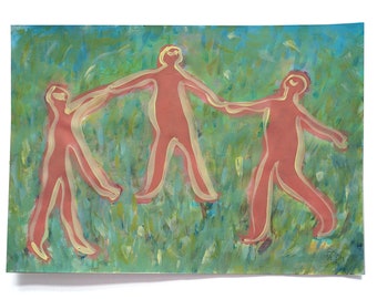 Image originale, DIN A3, « Reigen », groupe de personnages dansants dans la nature stylisée, peinture figurative naïve sur papier