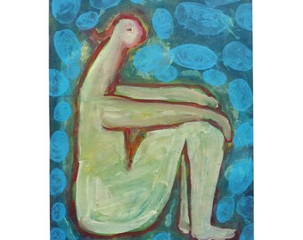 Image originale, DIN A3, « Patience », peinture figurative abstraite sur papier, assise, figure contemplative