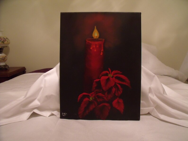 Christmas Candle and Poinsettias original oil painting 11 x 14 Etsy