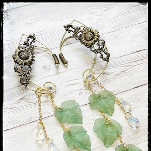 Elven Ear Cuffs - Dangling Leaf Elf Ear Cuff - Fairy Ears - Elven Ears - Fairy Ear Cuff - Sunflower Jewelry - Goldish