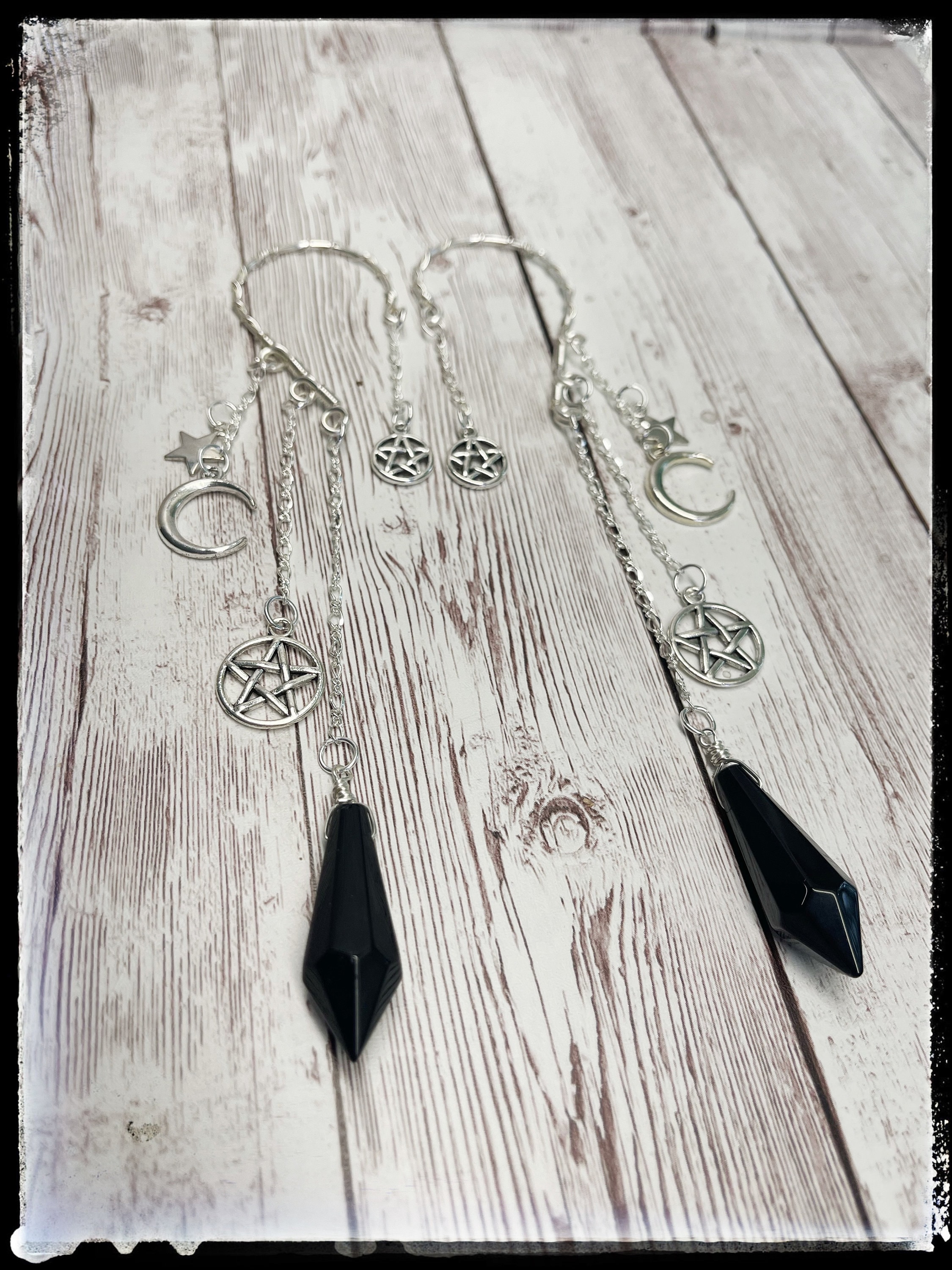 Witchy pentagram Ear cuffs - Gemstone vials - Wraps - Dangling Ear Cuff Jewelry