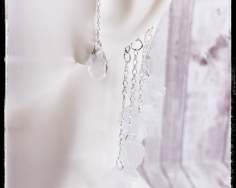 Bridal Ear Cuff Wraps - Leaves and Drops Ear Cuffs - White Ear Cuffs - Fairy Ear Wraps - Dangling Leaf Wraps  - Gift Ideas