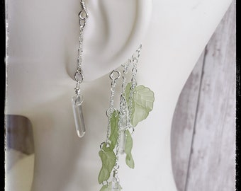 Bridal Ear Cuff Wraps - Leaves and Drops Ear Cuffs - White Ear Cuffs - Fairy Ear Wraps - Dangling Leaf Wraps  - Gift Ideas - Silver