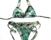 Green Snake-Bikini Top and Bottom - Сrystals-Pool Party Swimwear- Two Piece Swimsuit-Festival Bikini
