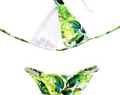 White and Green-Bikini Top and Bottom - Сrystals-Pool Party Swimwear- Two Piece Swimsuit-Festival Bikini