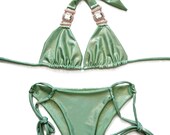 Mint Green Seamless Bikini Top and Bottom - Сrystals-Pool Party Swimwear- Two Piece Swimsuit-Festival Bikini