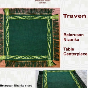 May include: A green and yellow Belarusian Nizanka table centrepiece, a traditional embroidered cloth, with the text "Traveń" and "Belarusan Nizanka Table Centrepiece".
