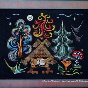 May include: Embroidered artwork on black fabric, featuring a forest scene with stylized trees in vibrant colors like green, orange, and blue. A framed piece with a whimsical design, including a mushroom and a moon.