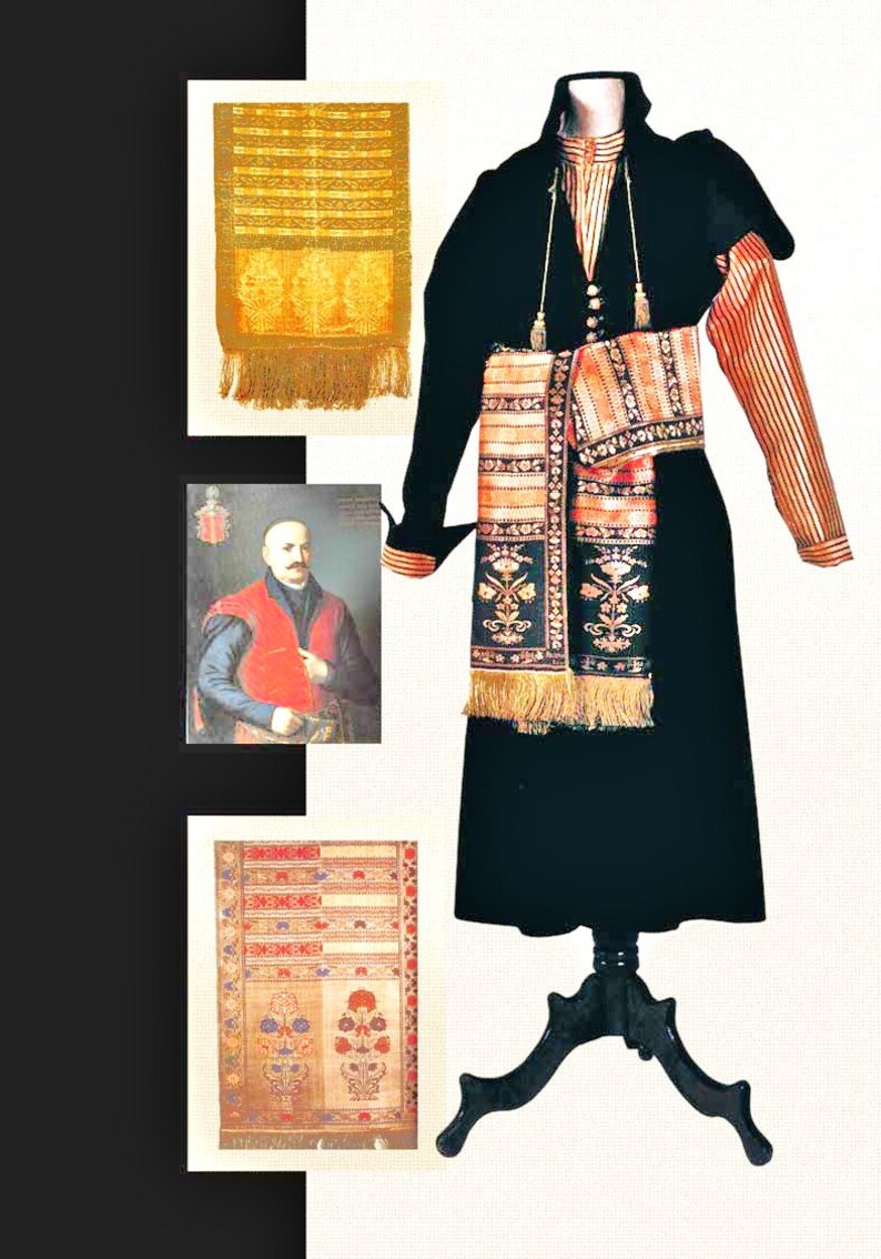 Op de afbeelding: Een zwarte fluwelen robe met gouden versieringen en een rode en gouden gepatroneerde sjerp. De robe wordt getoond op een houten standaard. Er zijn drie afbeeldingen van stofstalen met gouden en rode patronen.