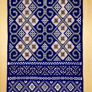 May include: A blue textile with detailed geometric patterns in white, pink, and brown. The design features repeating diamond and square shapes, with a decorative border. The textile is displayed with a wooden hanger.
