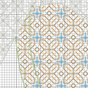 May include: A cross stitch pattern with a geometric design. The pattern features a variety of colors, including brown, orange, blue, and green. The pattern is on a white background.