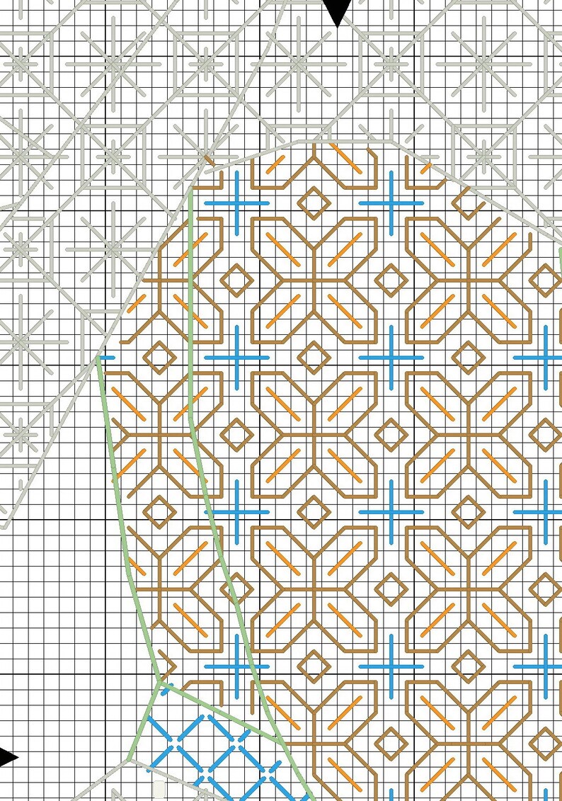 May include: A cross stitch pattern with a geometric design. The pattern features a variety of colors, including brown, orange, blue, and green. The pattern is on a white background.