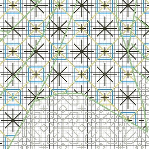 May include: A cross-stitch pattern with a geometric design featuring black, green, blue, and yellow thread. The pattern is on a white background.