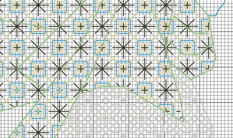 May include: A cross-stitch pattern with a geometric design featuring black, green, blue, and yellow thread. The pattern is on a white background.