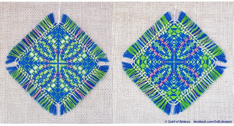 May include: Two square blue, green, white, and pink embroidered coasters with fringe. The coasters are on a beige background.