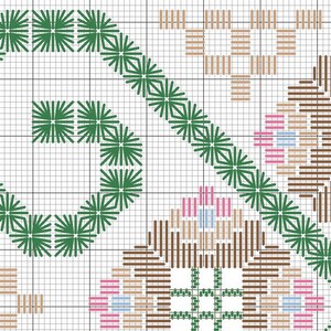 May include: Close-up of a cross-stitch pattern on a grid. The design features a large green spiral, diagonal lines, and geometric shapes in shades of brown, pink, and blue. The background is a white grid.
