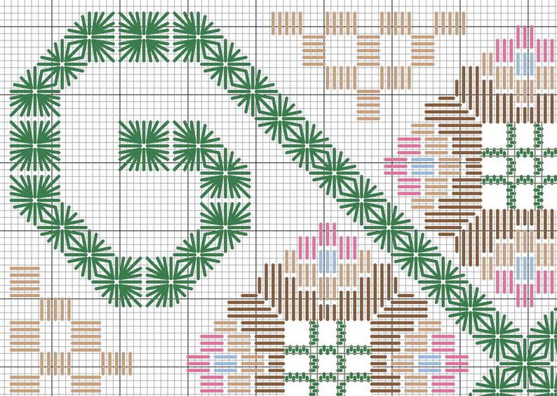May include: Close-up of a cross-stitch pattern on a grid. The design features a large green spiral, diagonal lines, and geometric shapes in shades of brown, pink, and blue. The background is a white grid.