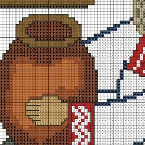 May include: A cross-stitch pattern featuring a brown-haired person wearing a brown coat and a red and white checkered scarf, standing next to a person wearing a blue and white striped shirt and a red and white checkered scarf.