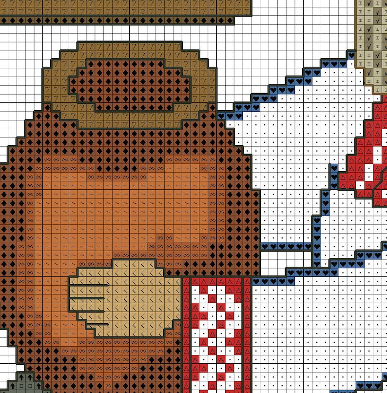 May include: A cross-stitch pattern featuring a brown-haired person wearing a brown coat and a red and white checkered scarf, standing next to a person wearing a blue and white striped shirt and a red and white checkered scarf.