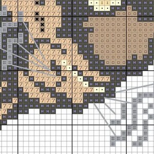K&ouml;nnte beinhalten: Ein Kreuzstichmuster-Diagramm mit einem Raster aus verschiedenen Symbolen, darunter der Buchstabe H, die Zahl 7, Rauten und schwarze X-Symbole. Das Design verwendet eine Farbpalette aus Beige, Dunkelblau und Grau mit Linien zwischen den Bereichen.