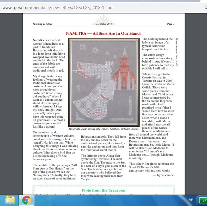 May include: A magazine page with an article about a traditional Belarusian headdress called a "namitka". The article features a colorful illustration of a woman wearing the headdress, with a church in the background. The text discusses the symbolism of the headdress and its connection to Belarusian culture.