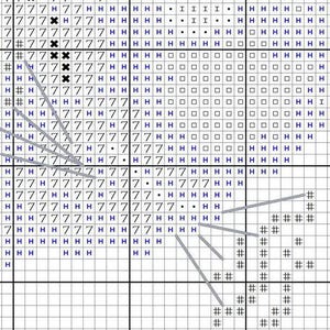 K&ouml;nnte beinhalten: Ein Kreuzstichmuster-Diagramm auf einem wei&szlig;en Rasterhintergrund. Das Design zeigt verschiedene Symbole, darunter den Buchstaben H, die Zahl 7, schwarze Kreuze, Rauten, Quadrate und Punkte, die innerhalb dicker schwarzer Rasterlinien angeordnet sind.
