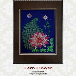May include: A cross-stitch pattern featuring a fern flower with a pink and red center and green leaves on a dark blue background. The pattern is titled "Fern Flower" and is a Cavaswork chart designed by Iryna Varabei. The text "Spirit of Belarus" is at the top of the image.