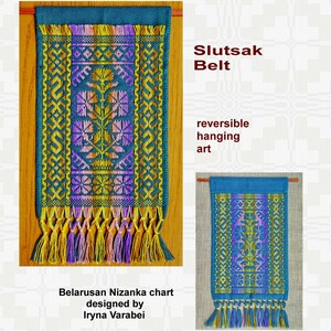 Op de afbeelding: Een diagram voor een omkeerbare, hangende Slutsak-riem, een traditioneel Wit-Russisch volkskunstwerk. Het diagram is ontworpen door Iryna Varabei en toont een kleurrijk geometrisch patroon met bloemmotieven.
