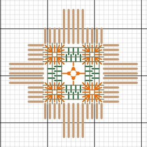 May include: A cross-stitch pattern with a square design and a central floral motif. The design uses orange, green, and tan shades on a white grid background. The symmetrical, geometric pattern is suitable for needlecraft projects.