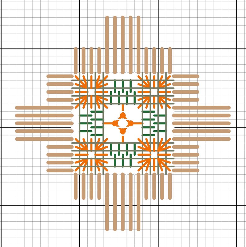 May include: A cross-stitch pattern with a square design and a central floral motif. The design uses orange, green, and tan shades on a white grid background. The symmetrical, geometric pattern is suitable for needlecraft projects.