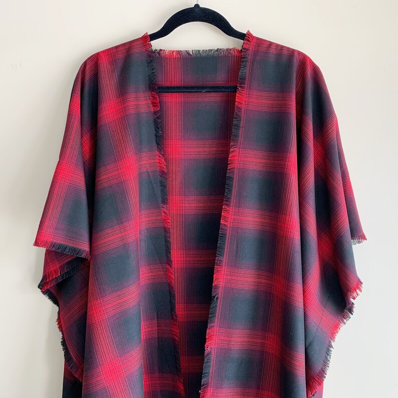 Red Plaid Ruana Fringe Kimono Loose Kimono Boho Kimono | Etsy