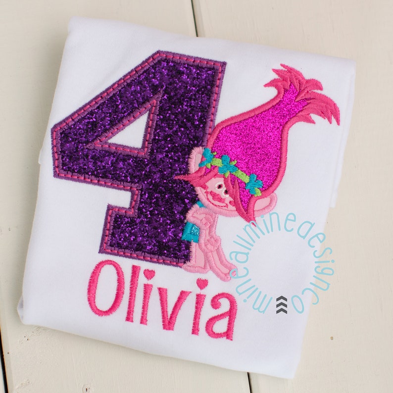 Troll Hair Shirt Applique Embroidered Troll Shirt Girls or Boys Trolls Inspired Personalized Birthday Tee Shirt Poppy Troll Shirt